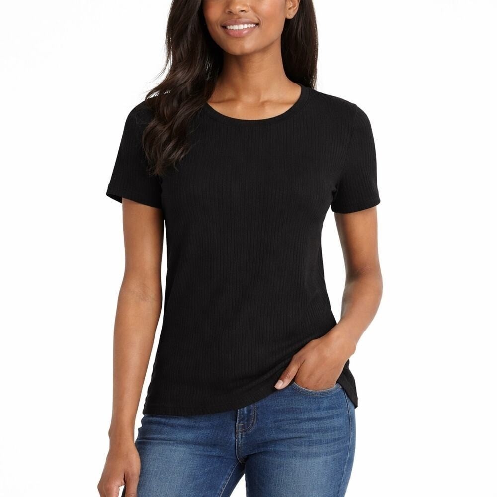 Vintage America Slub Ribbed Tee Women Short Sleeve Stretch, Black, Medium, New